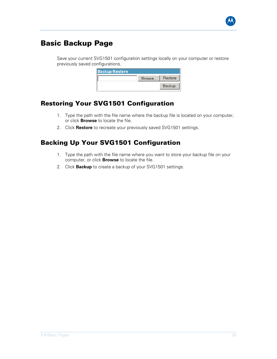 Restoring your svg1501 configuration, Backing up your svg1501 configuration, Basic backup page | Motorola SURFboard SVG1501E User Manual | Page 40 / 83