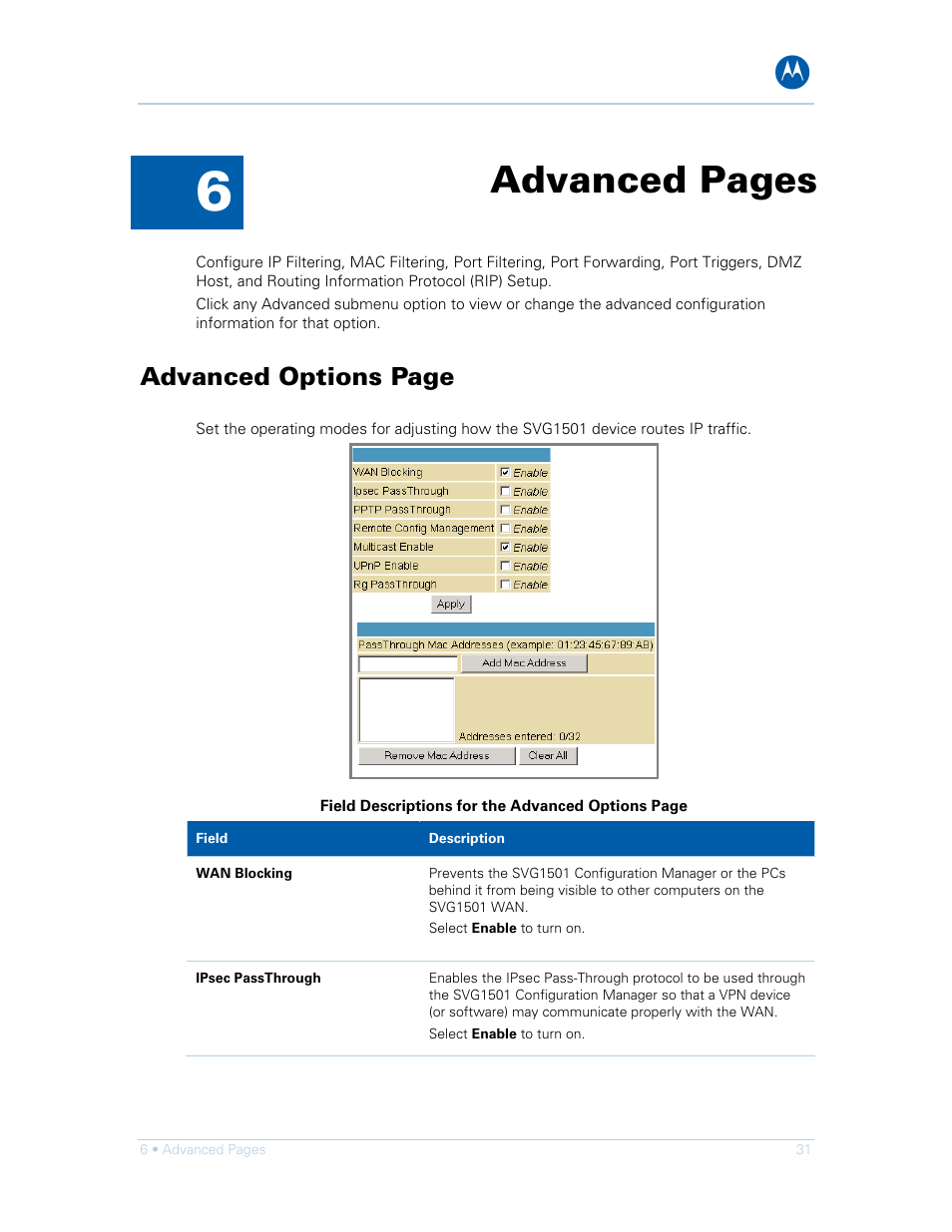 Advanced pages, Advanced options page | Motorola SURFboard SVG1501E User Manual | Page 41 / 83