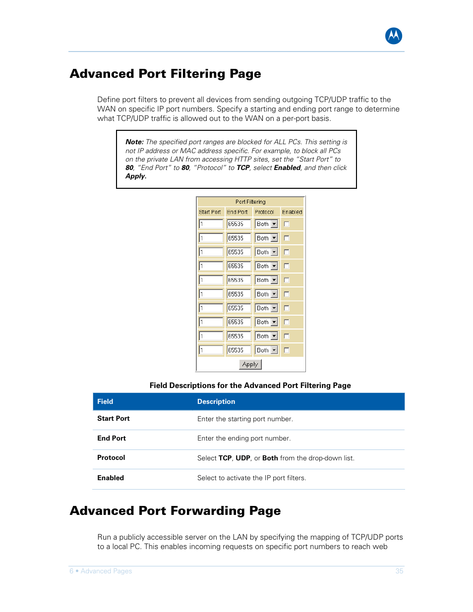 Advanced port filtering page, Advanced port forwarding page | Motorola SURFboard SVG1501E User Manual | Page 45 / 83
