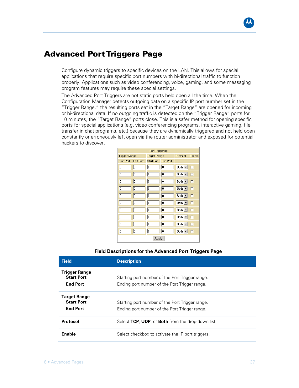 Advanced port triggers page | Motorola SURFboard SVG1501E User Manual | Page 47 / 83