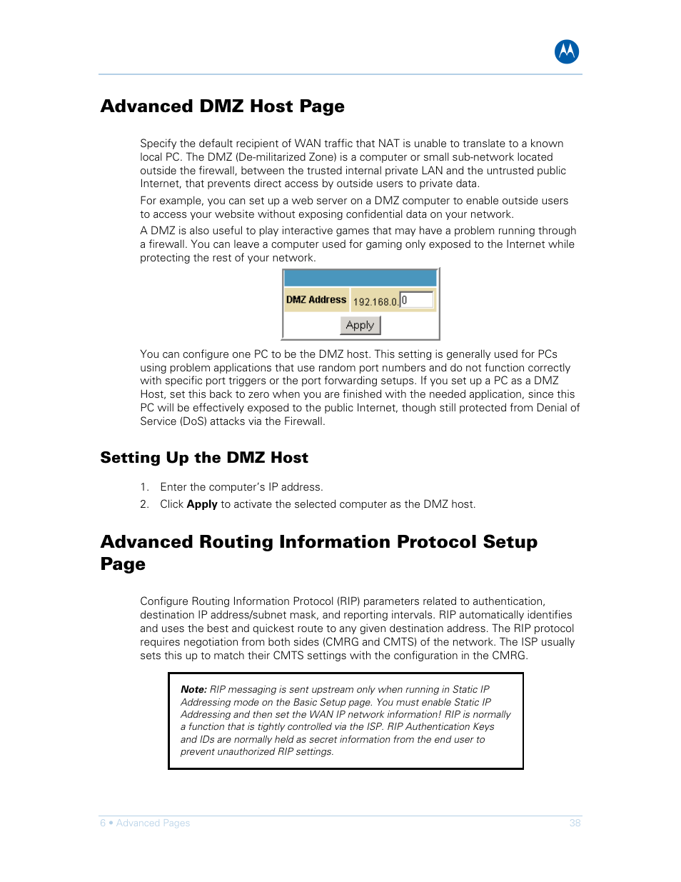 Setting up the dmz host, Advanced dmz host page, Advanced routing information protocol setup page | Motorola SURFboard SVG1501E User Manual | Page 48 / 83