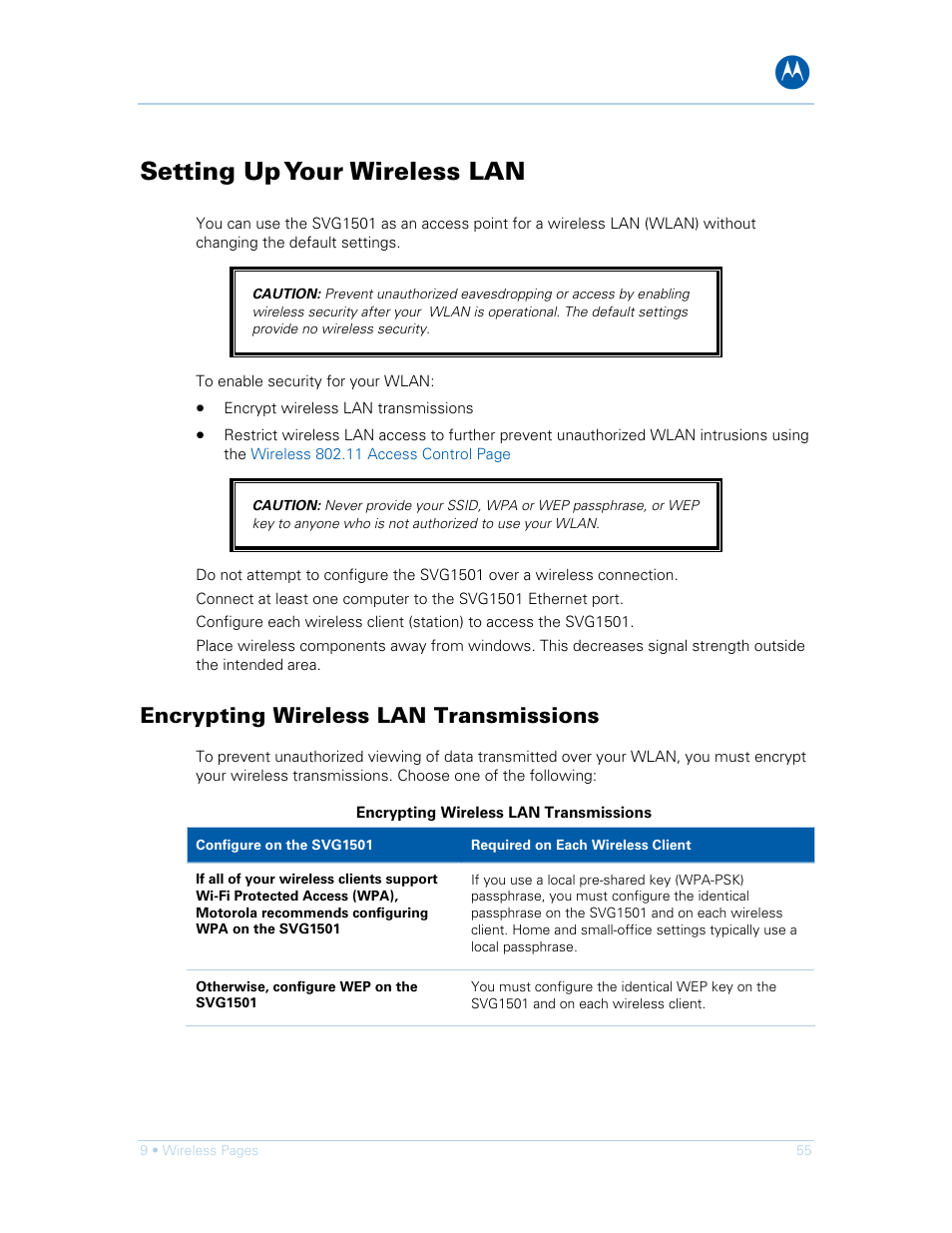 Setting up your wireless lan, Encrypting wireless lan transmissions | Motorola SURFboard SVG1501E User Manual | Page 65 / 83