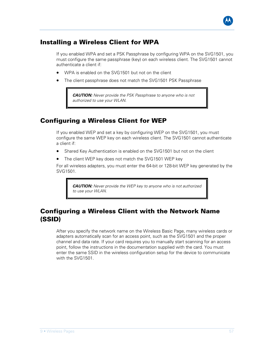 Installing a wireless client for wpa, Configuring a wireless client for wep | Motorola SURFboard SVG1501E User Manual | Page 67 / 83