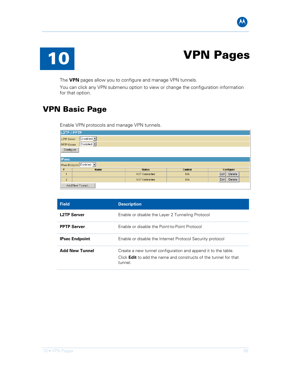 Vpn pages, Vpn basic page | Motorola SURFboard SVG1501E User Manual | Page 68 / 83