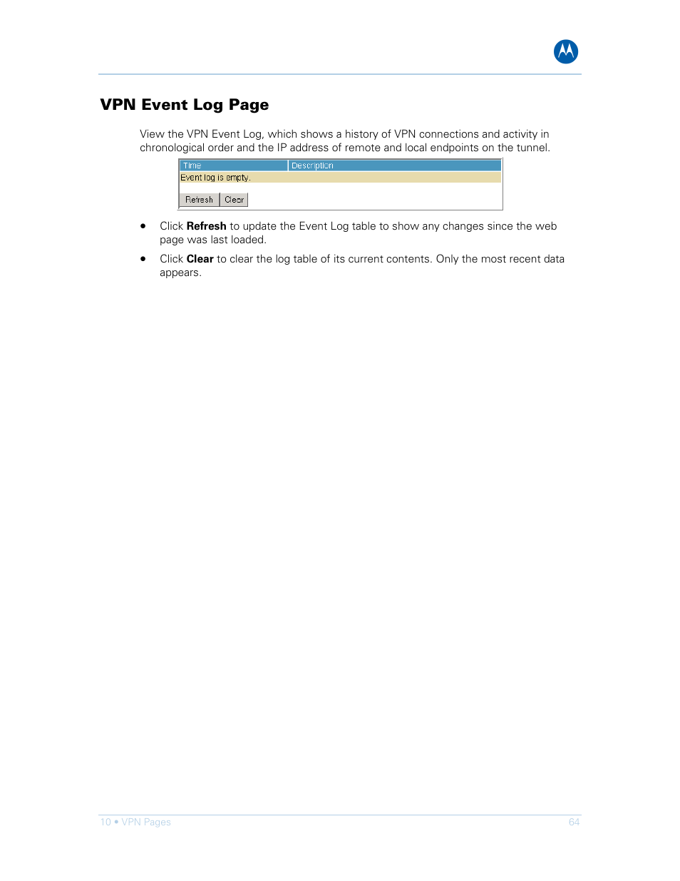 Vpn event log page | Motorola SURFboard SVG1501E User Manual | Page 74 / 83