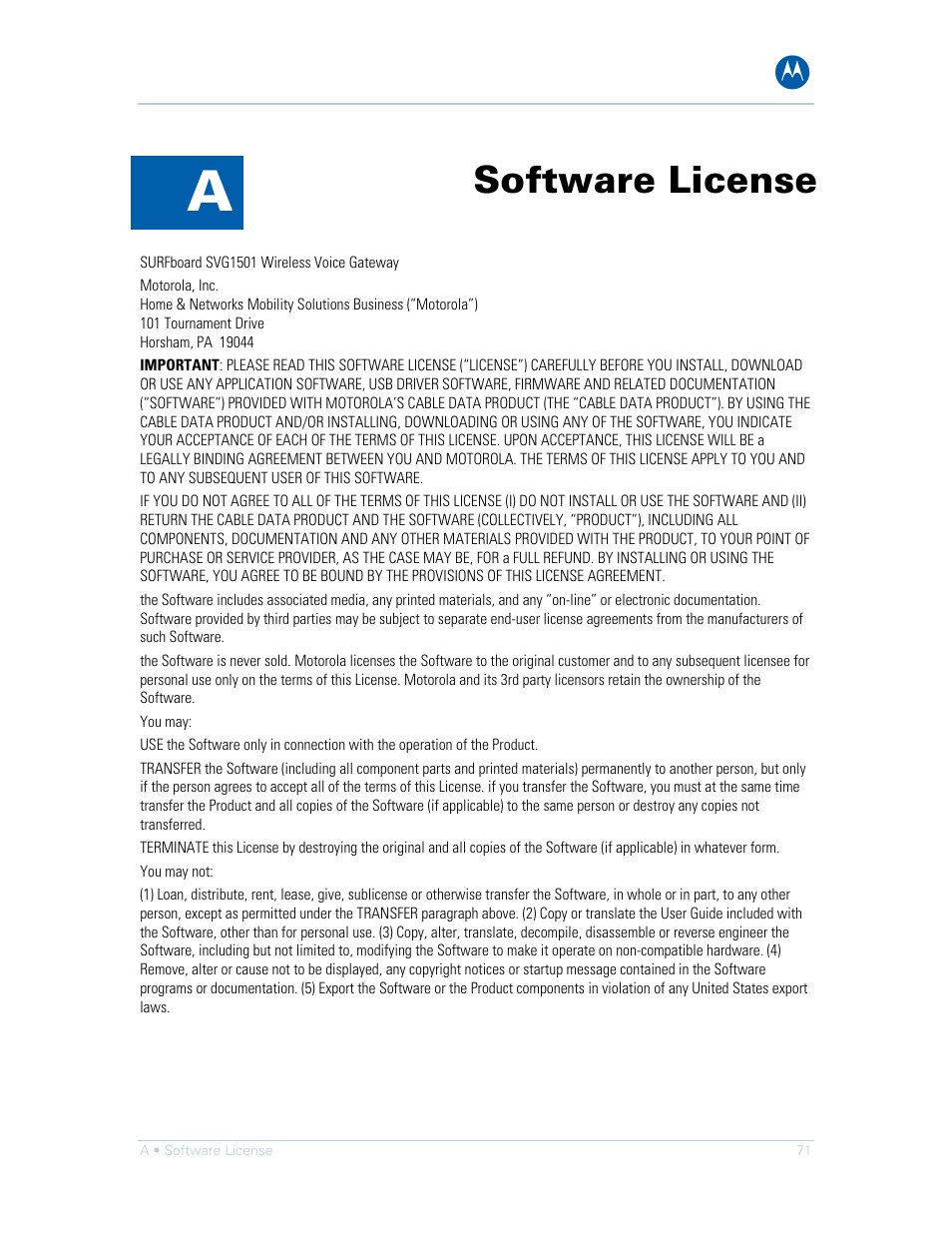 Software license | Motorola SURFboard SVG1501E User Manual | Page 81 / 83