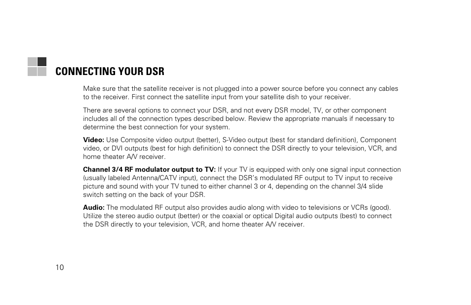 Connecting your dsr | Motorola DSR530 User Manual | Page 12 / 18