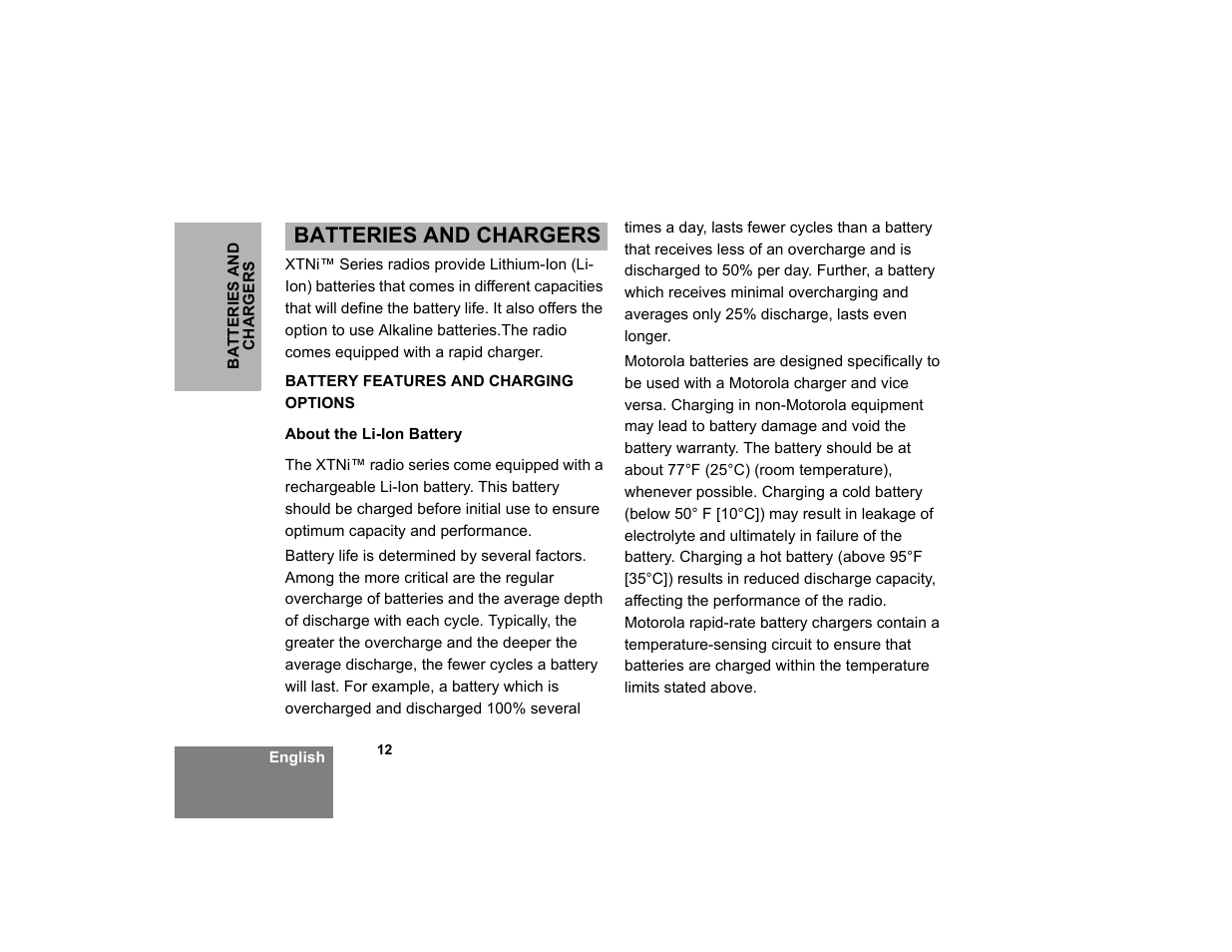 Batteries and chargers, Battery features and charging options, About the li-ion battery | Motorola XTNID User Manual | Page 14 / 69