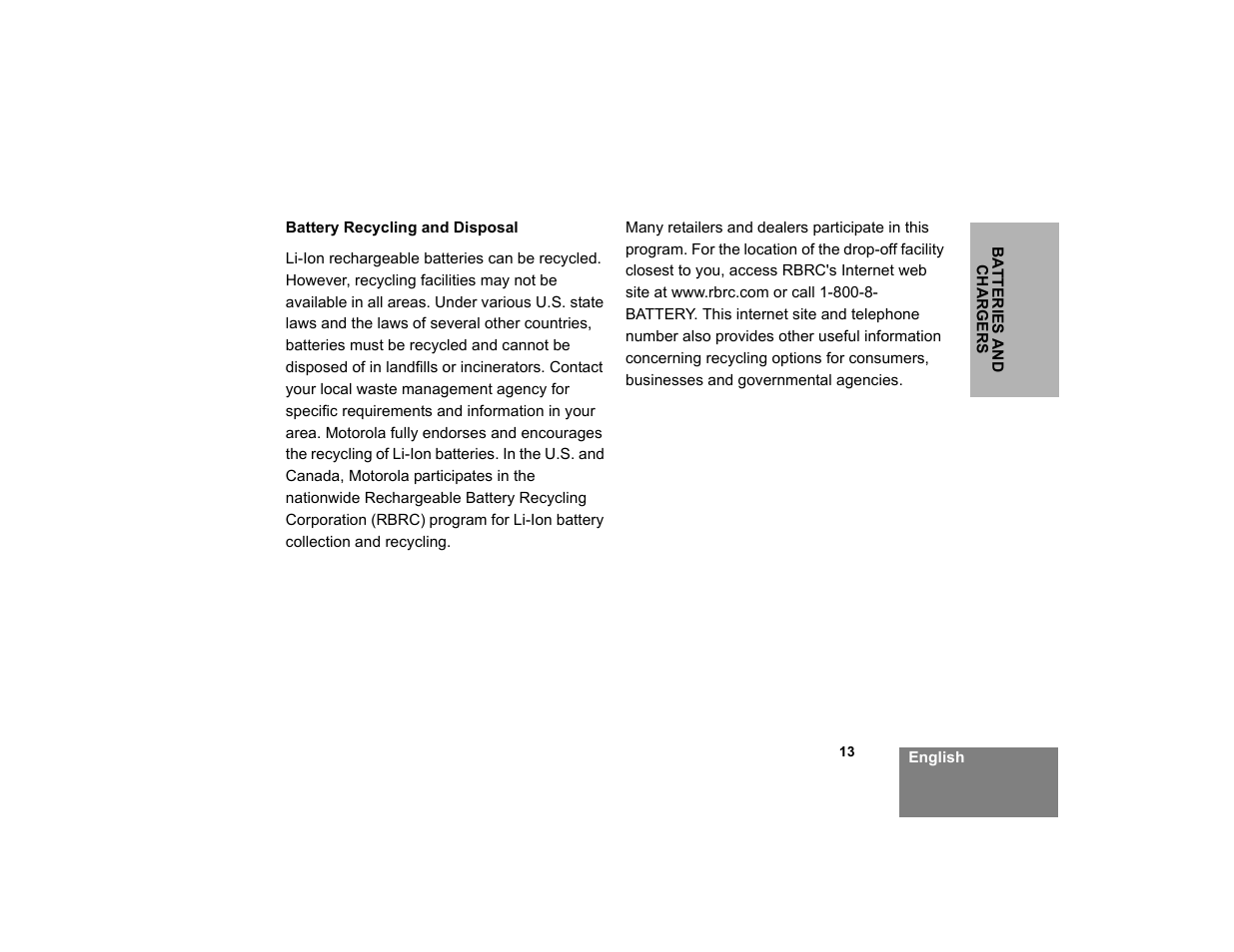 Battery recycling and disposal | Motorola XTNID User Manual | Page 15 / 69