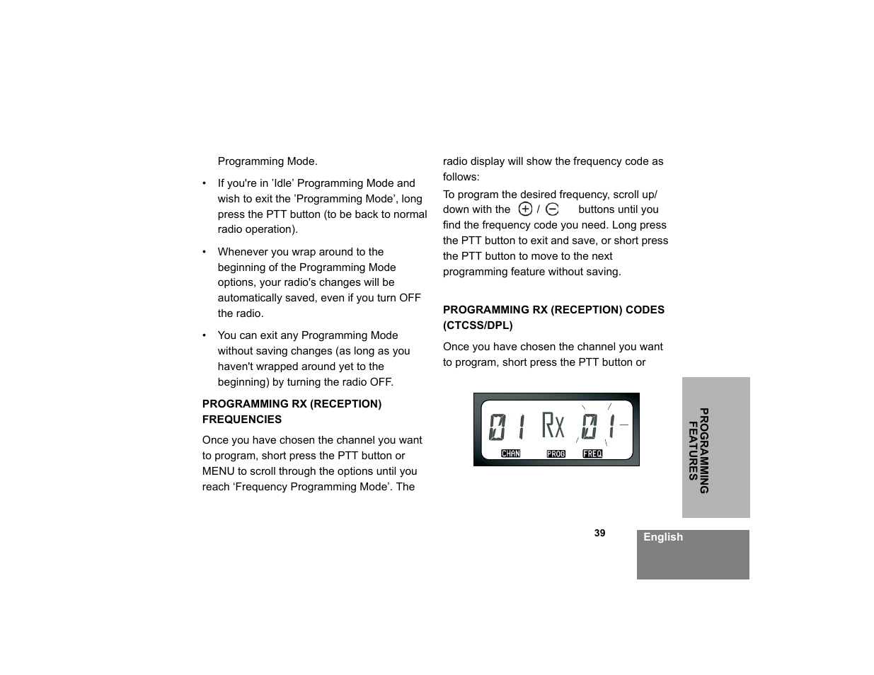 Programming rx (reception) frequencies, Programming rx (reception) codes (ctcss/ dpl) | Motorola XTNID User Manual | Page 41 / 69