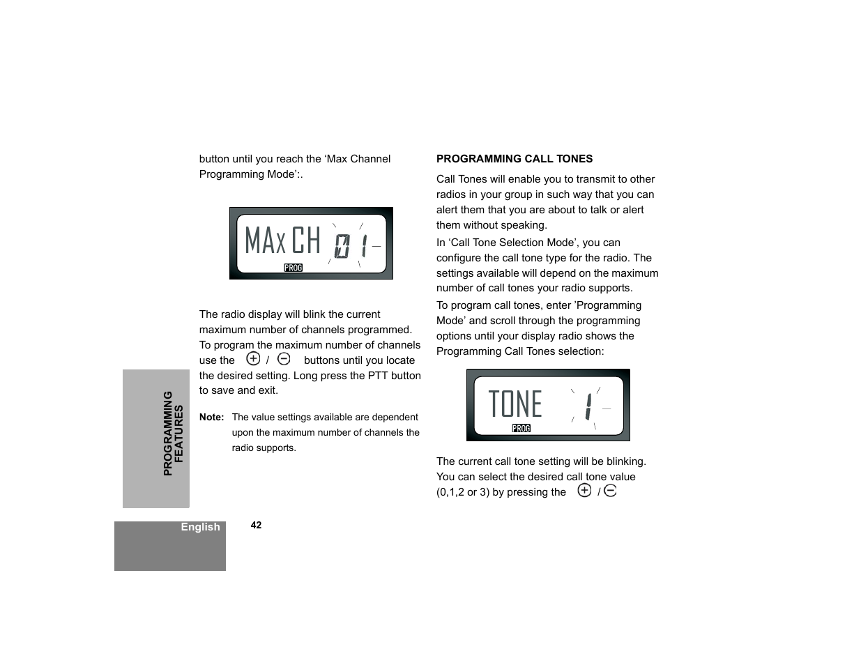 Programming call tones, Tone | Motorola XTNID User Manual | Page 44 / 69