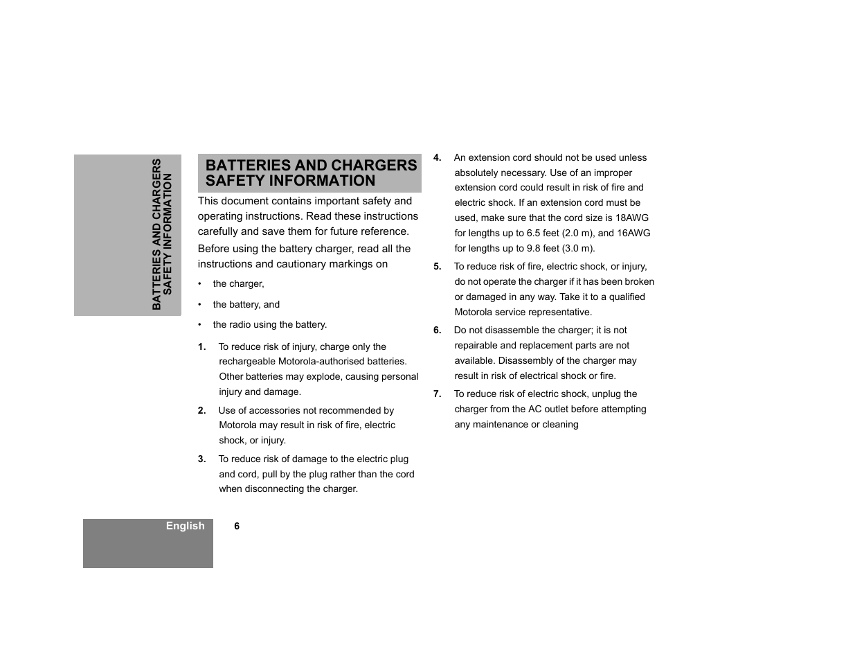 Batteries and chargers safety information | Motorola XTNID User Manual | Page 8 / 69