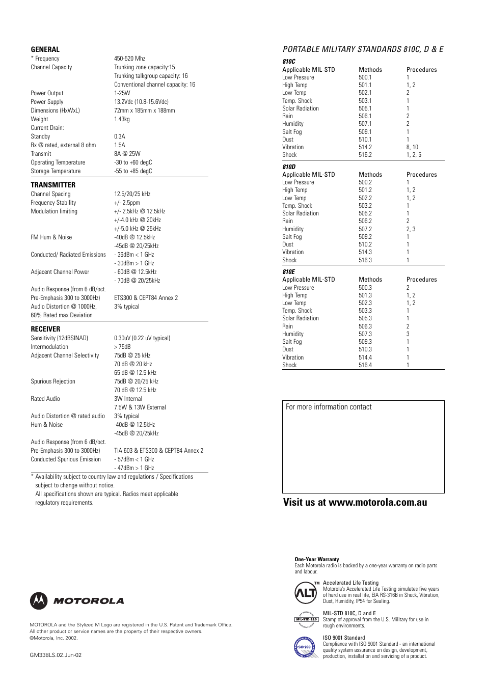Portable military standards 810c, d & e, For more information contact | Motorola PROFESSIONAL MOBILE RADIO GM338LS User Manual | Page 4 / 4