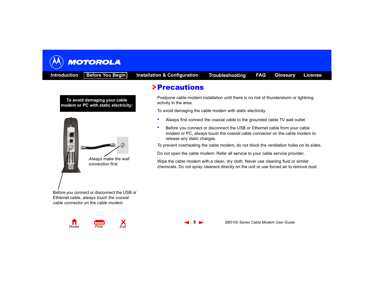 Precautions | Motorola SB5100 User Manual | Page 11 / 74