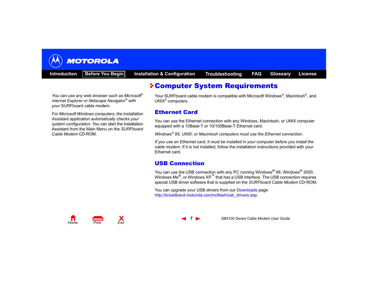 Computer system requirements, Ethernet card usb connection, Ethernet card | Usb connection | Motorola SB5100 User Manual | Page 13 / 74