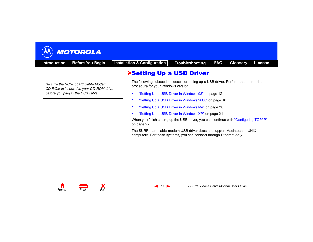 Setting up a usb driver, Setting up a usb, Driver | Motorola SB5100 User Manual | Page 17 / 74