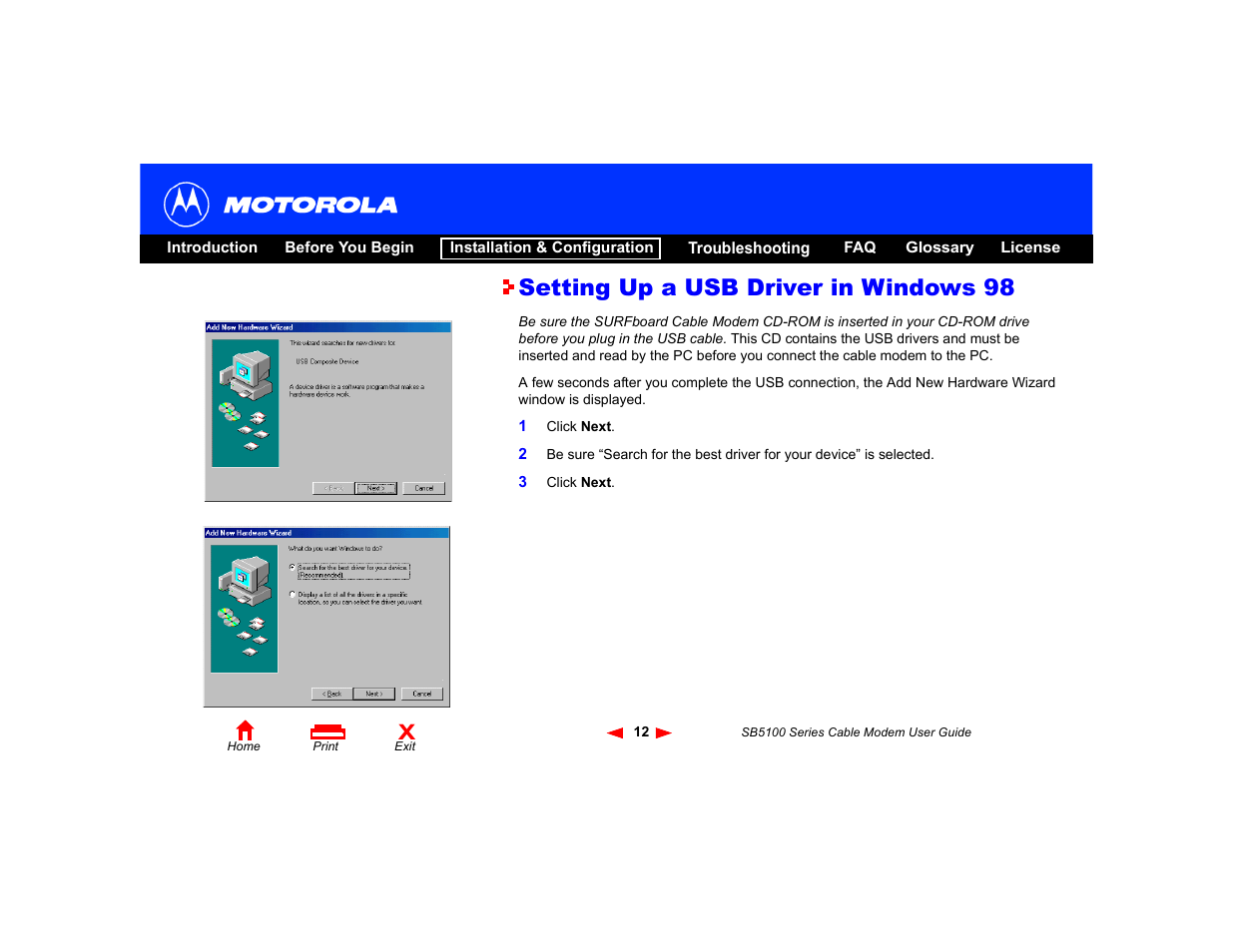 Setting up a usb driver in windows 98 | Motorola SB5100 User Manual | Page 18 / 74