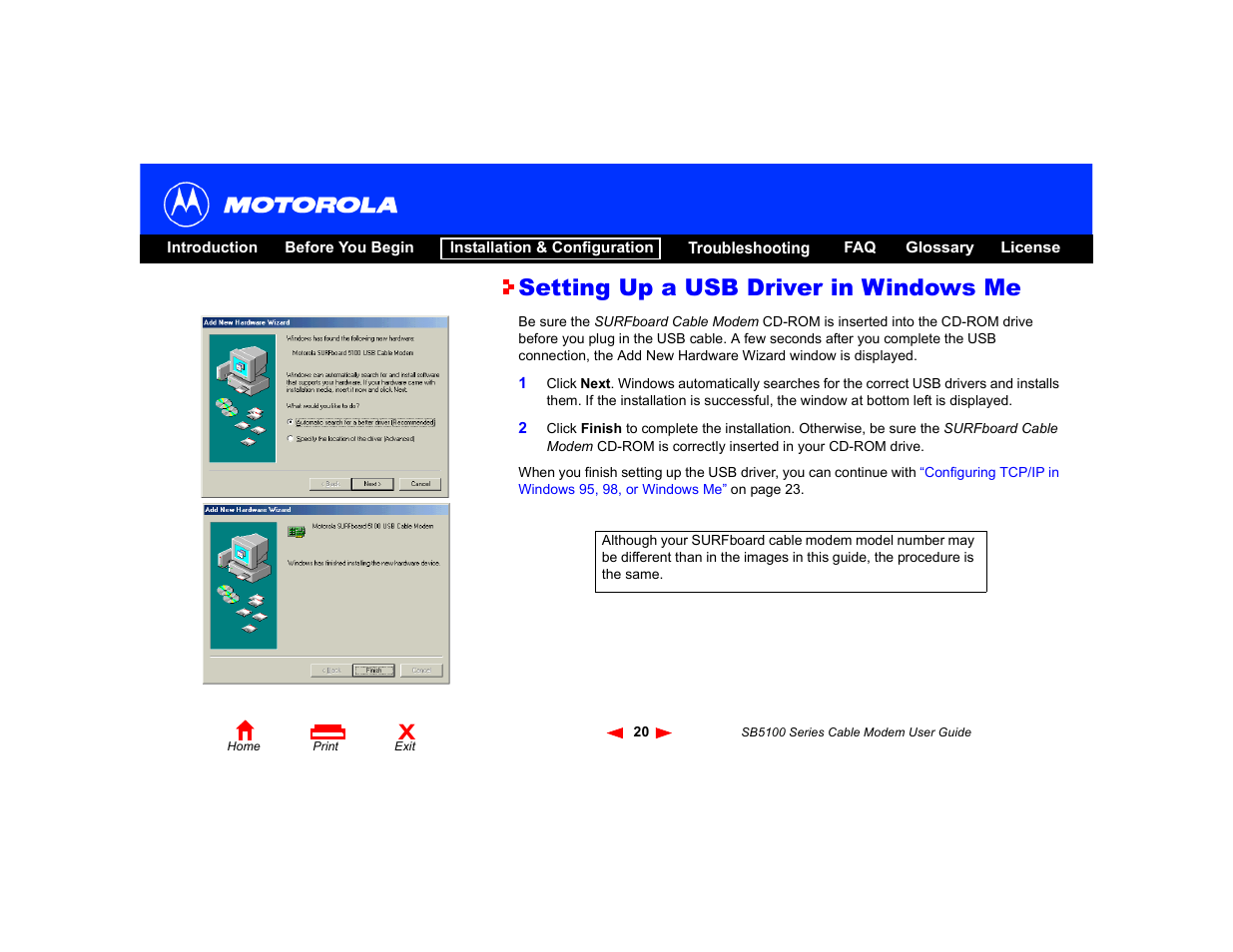 Setting up a usb driver in windows me | Motorola SB5100 User Manual | Page 26 / 74