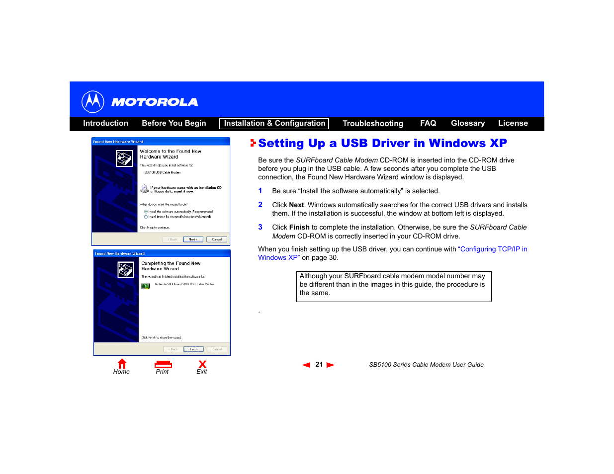 Setting up a usb driver in windows xp | Motorola SB5100 User Manual | Page 27 / 74