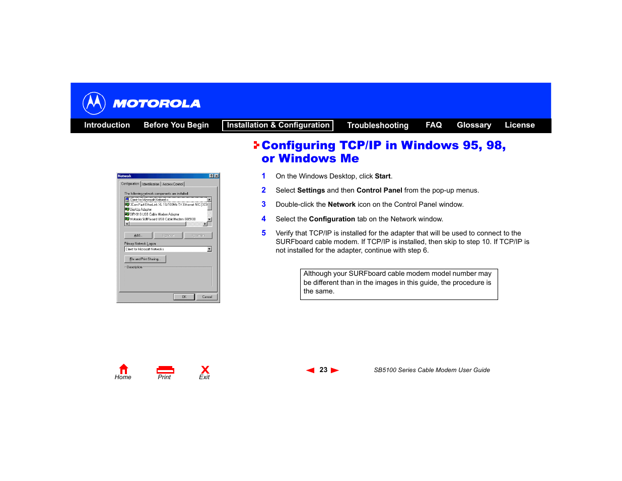 Configuring tcp/ip in, Windows 95, 98, or windows me | Motorola SB5100 User Manual | Page 29 / 74