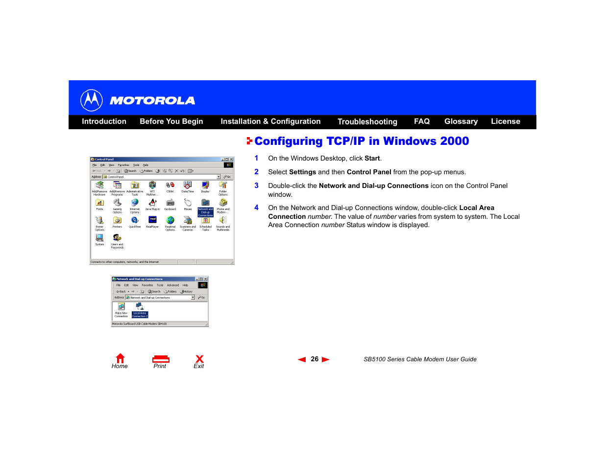 Configuring tcp/ip in windows 2000, Configuring tcp/ip in, Windows 2000 | Motorola SB5100 User Manual | Page 32 / 74