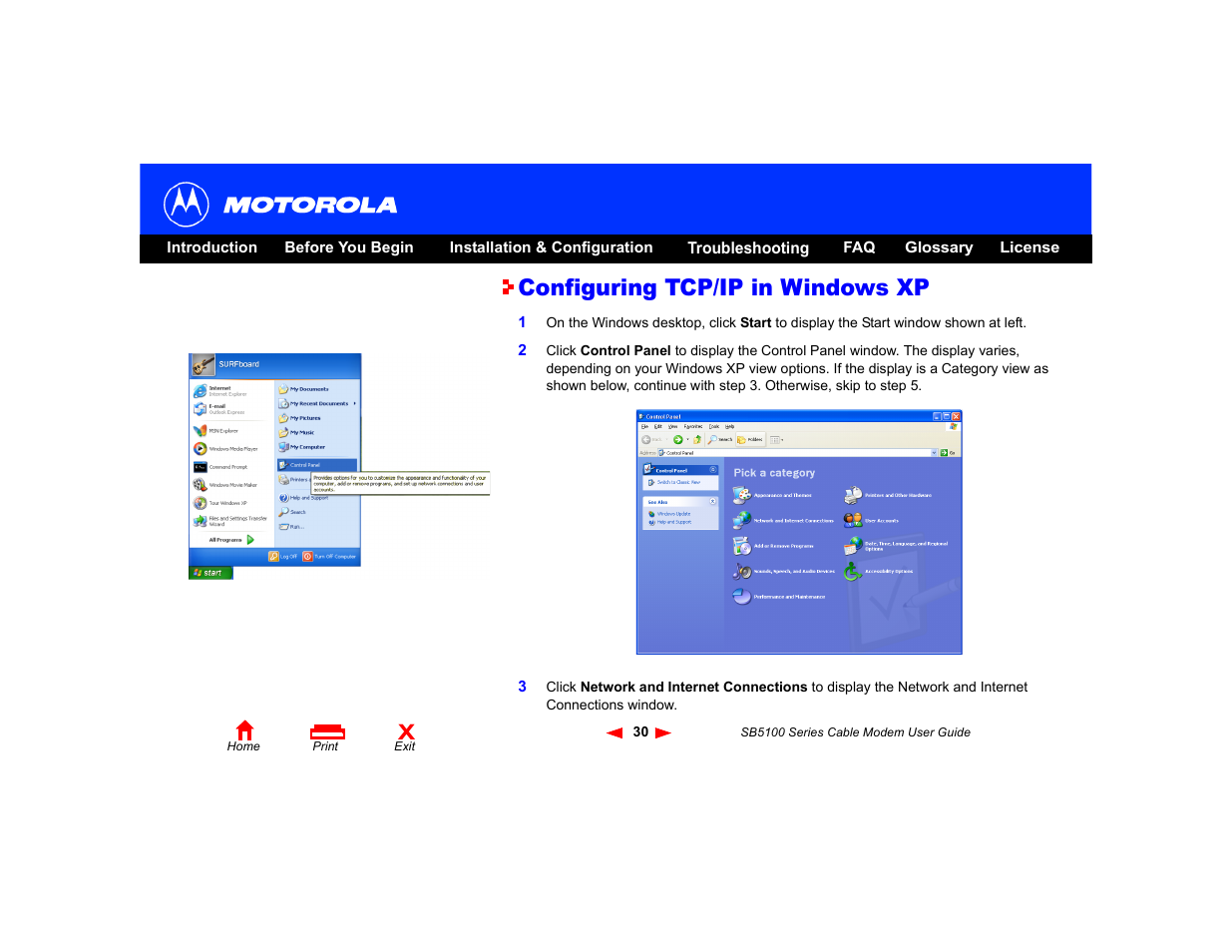 Configuring tcp/ip in windows xp, Configuring tcp/ip in, Windows xp | Motorola SB5100 User Manual | Page 36 / 74