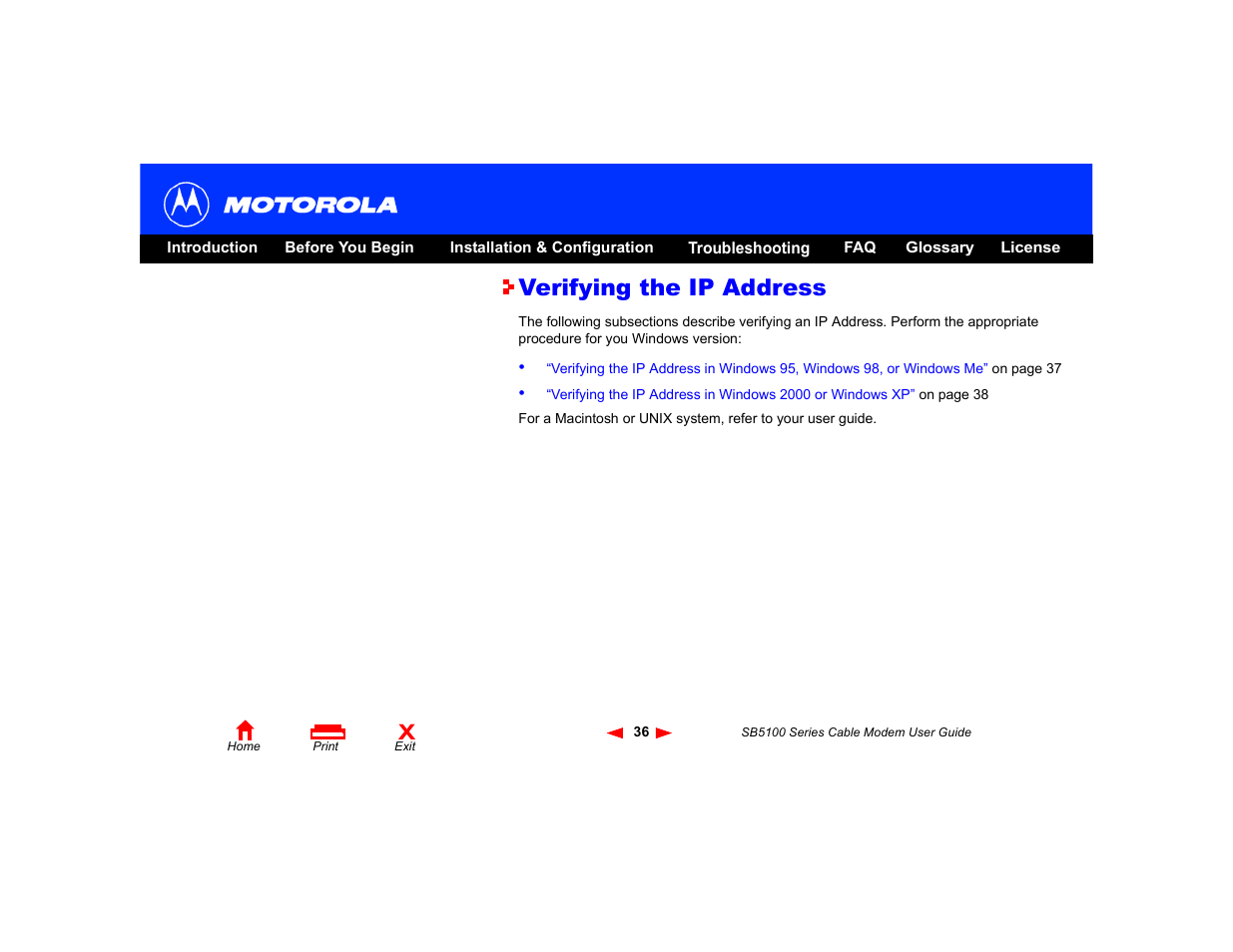 Verifying the ip address | Motorola SB5100 User Manual | Page 42 / 74