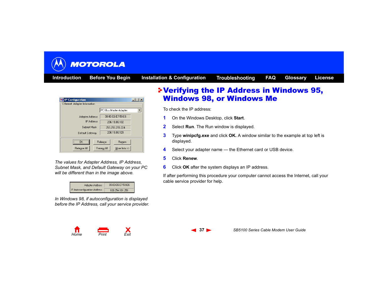 Verifying the ip address in windows 95, Windows 98, or windows me | Motorola SB5100 User Manual | Page 43 / 74