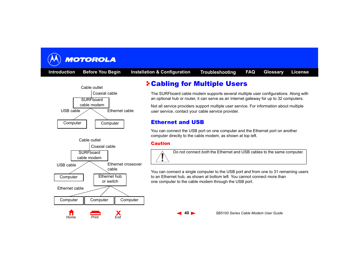 Cabling for multiple users, Ethernet and usb | Motorola SB5100 User Manual | Page 46 / 74