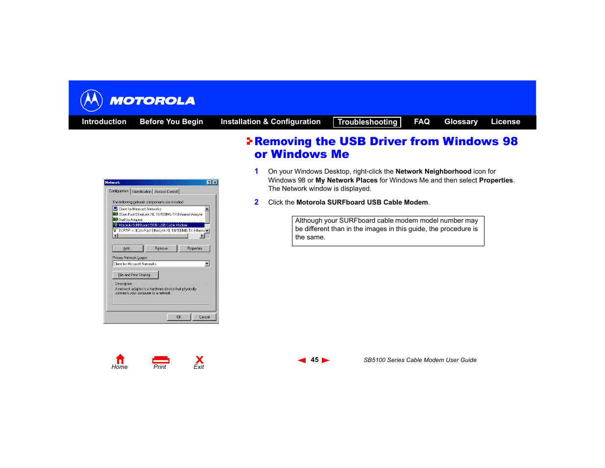 Removing the, Usb driver from windows 98 or windows me, Removing the usb driver from | Windows 98 or windows me | Motorola SB5100 User Manual | Page 51 / 74
