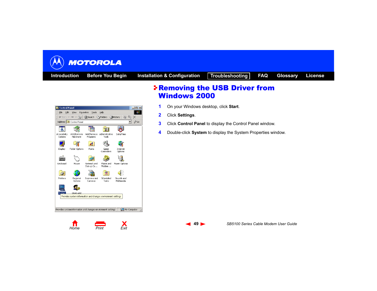 Removing the usb driver from windows 2000, Removing the usb driver, From windows 2000 | Motorola SB5100 User Manual | Page 55 / 74