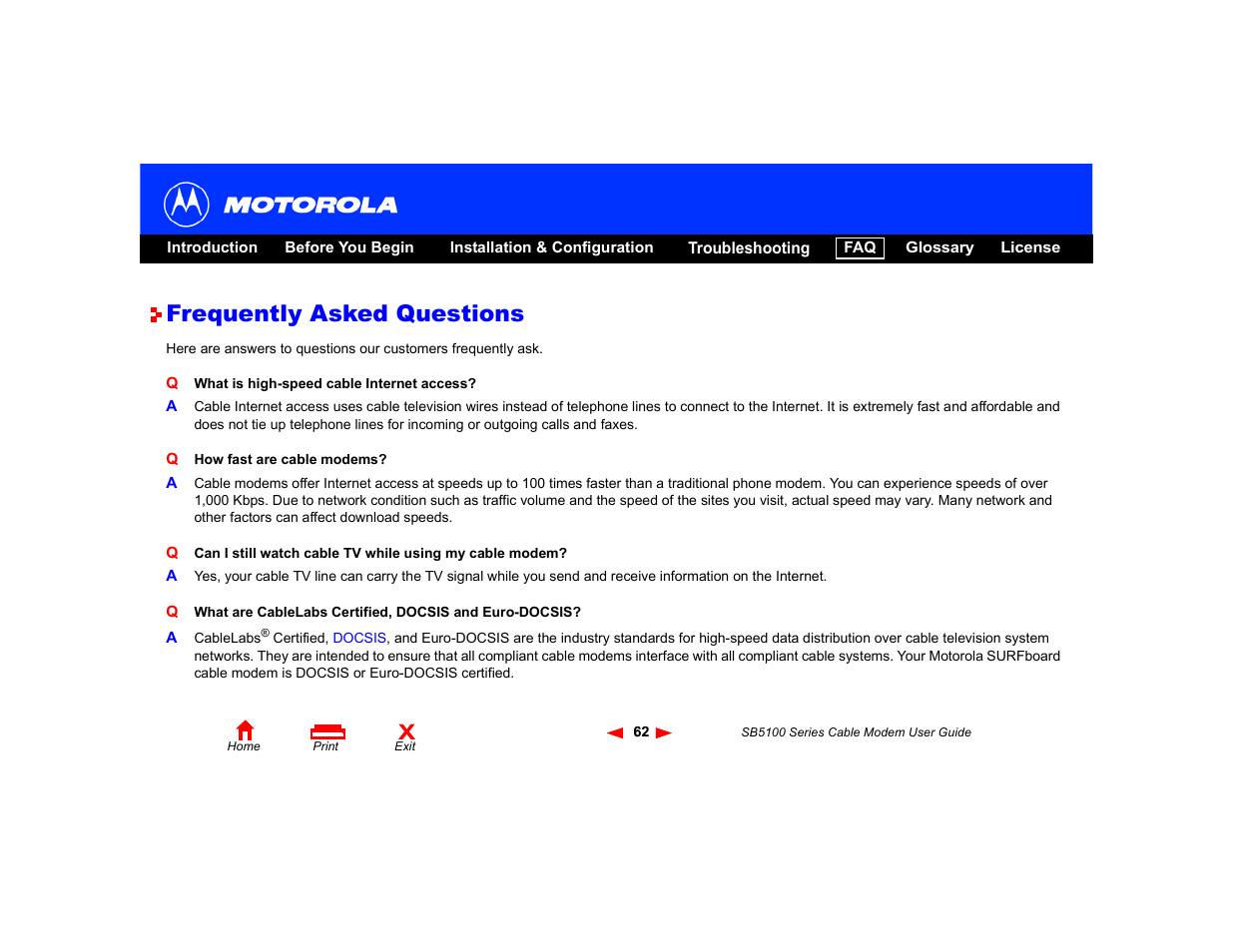 Frequently asked questions | Motorola SB5100 User Manual | Page 68 / 74