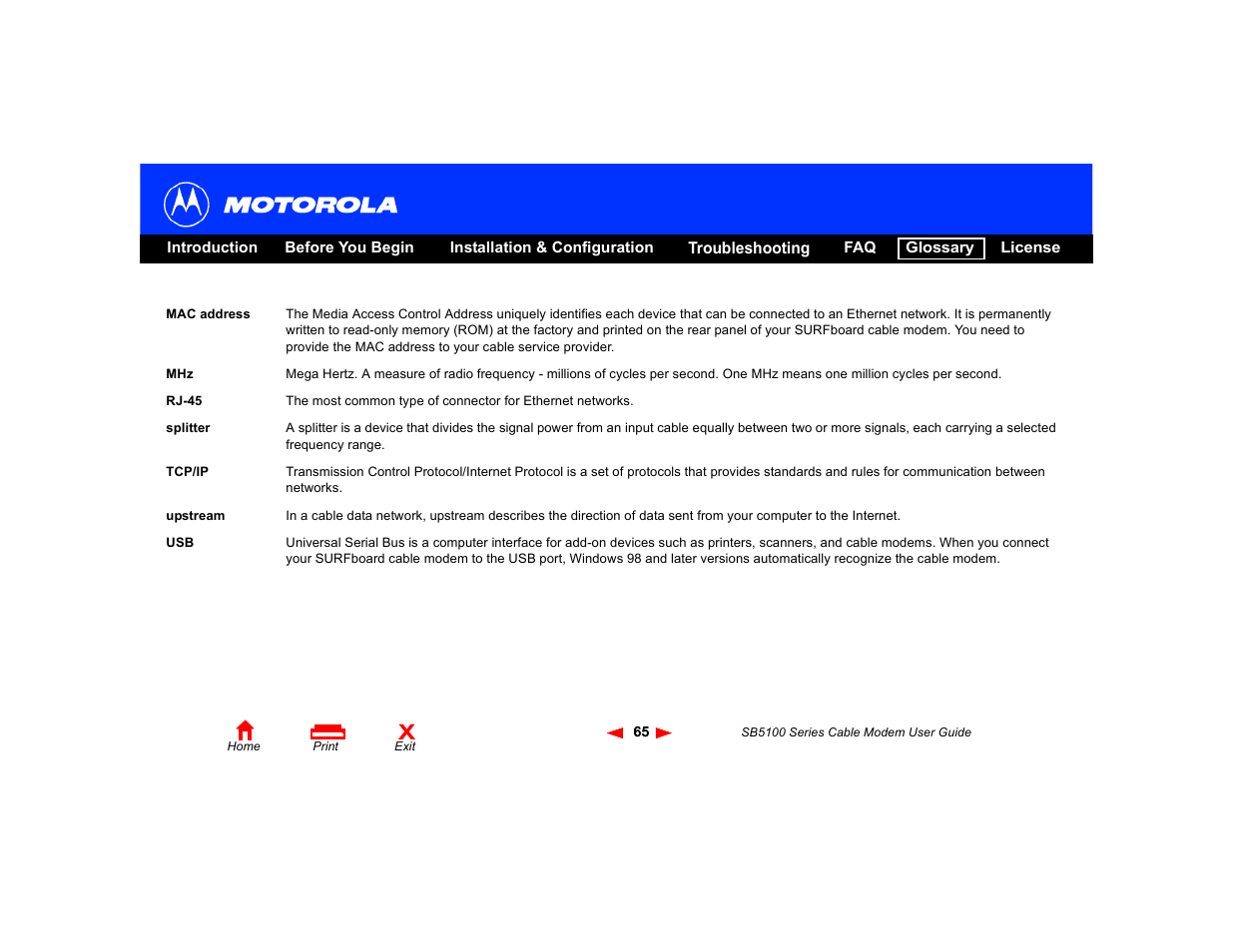 Upstream, Splitter, Mac address | Tcp/ip | Motorola SB5100 User Manual | Page 71 / 74
