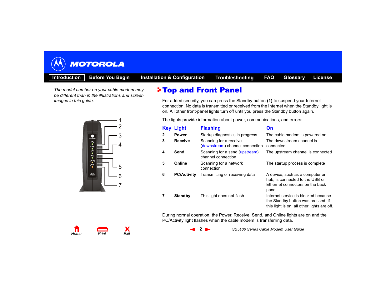 Top and front panel | Motorola SB5100 User Manual | Page 8 / 74