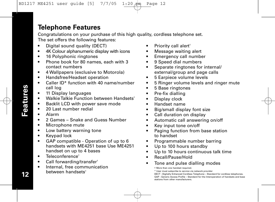 Fe a tu re s, Telephone features | Motorola ME4251 User Manual | Page 13 / 69