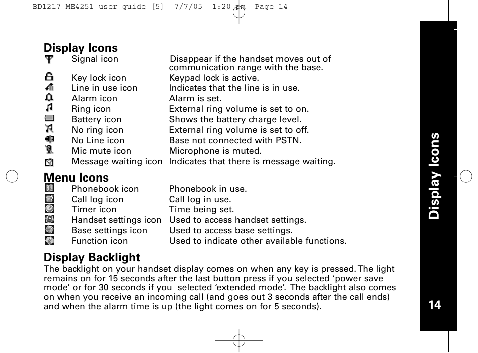 Dis p la y ic o n s, Display icons, Menu icons | Display backlight | Motorola ME4251 User Manual | Page 15 / 69