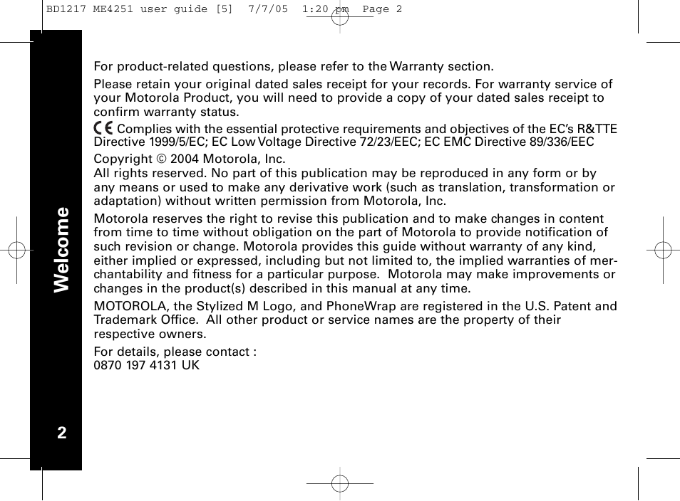 We lc o m e | Motorola ME4251 User Manual | Page 3 / 69