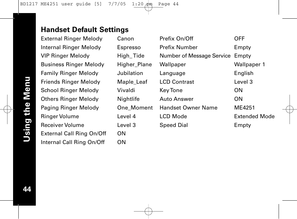 Handset default settings | Motorola ME4251 User Manual | Page 45 / 69