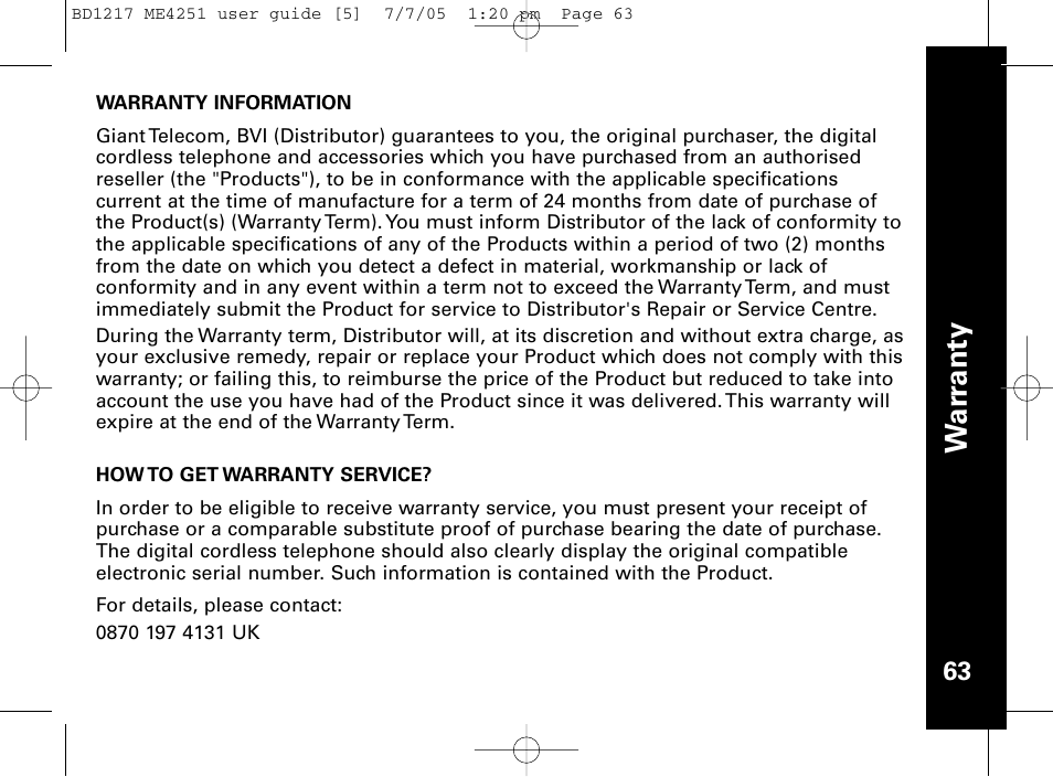 Wa rr a n ty | Motorola ME4251 User Manual | Page 64 / 69