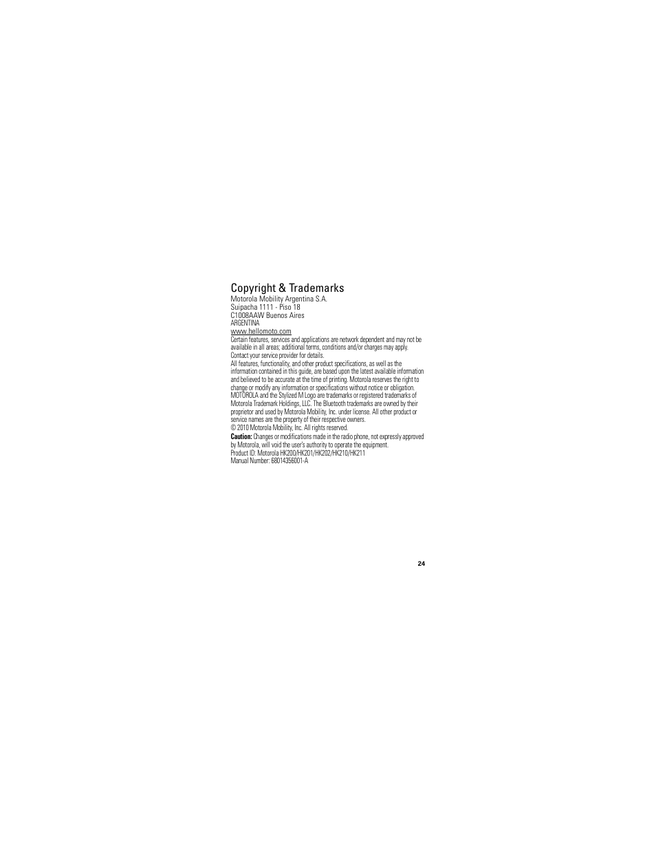 Copyright & trademarks | Motorola HK200 User Manual | Page 26 / 84