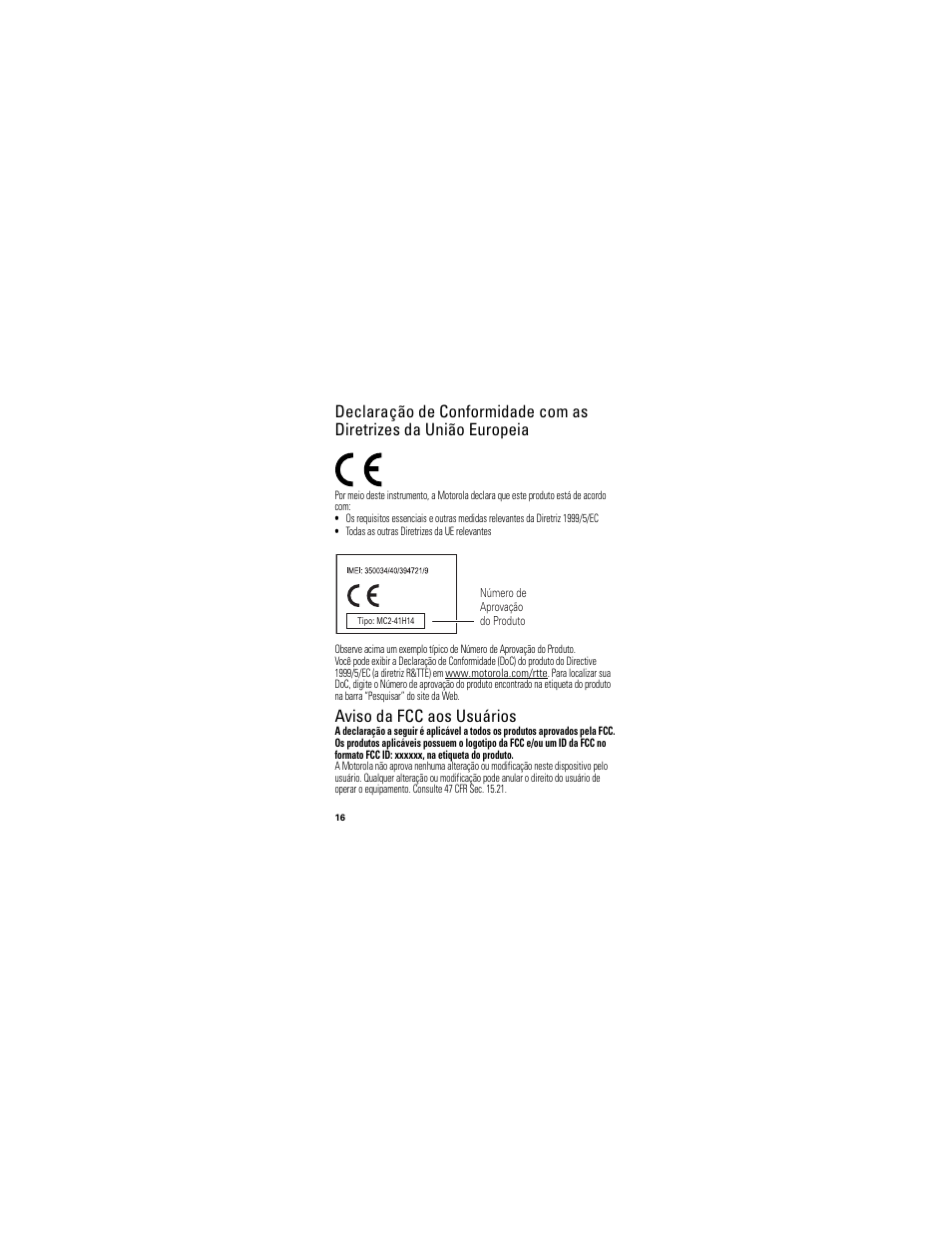 Conformidade com a união europeia, Aviso da fcc, Aviso da fcc aos usuários | Motorola HK200 User Manual | Page 74 / 84