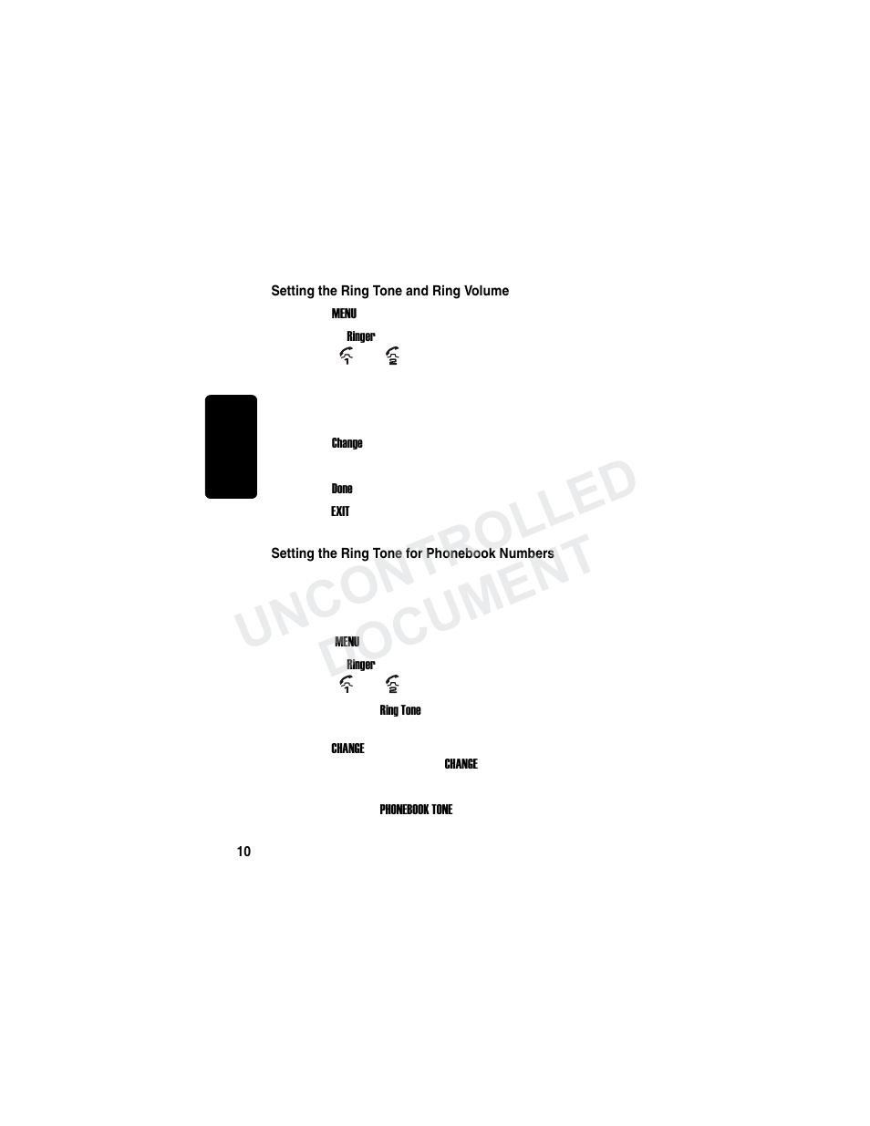 Setting the ring tone and ring volume, Setting the ring tone for phonebook numbers, Uncontrolled | Uncontrolled document | Motorola MD7000 User Manual | Page 28 / 55