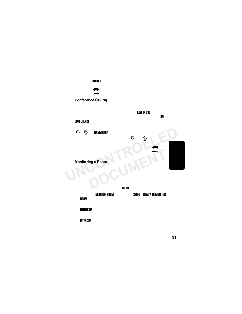 Conference calling, Monitoring a room, Conference calling monitoring a room | Uncontrolled, Re m in a r y, Uncontrolled document | Motorola MD7000 User Manual | Page 49 / 55