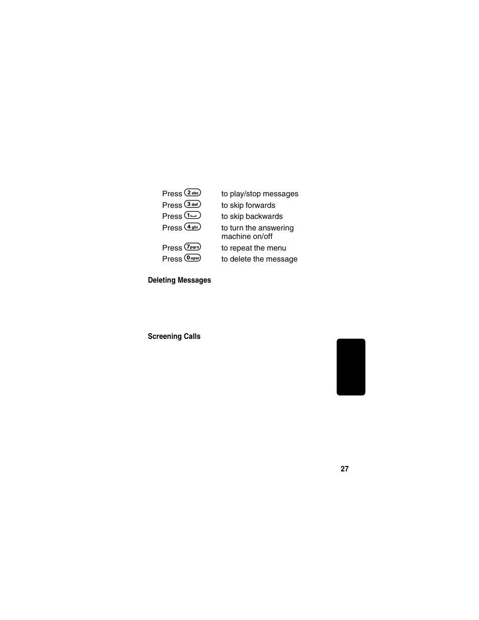 Deleting messages, Screening calls | Motorola MA580 User Manual | Page 45 / 53