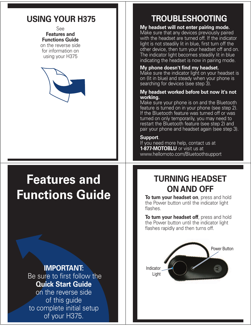 Features and functions guide, Using your h375, Troubleshooting | Turning headset on and off | Motorola H375 User Manual | Page 3 / 5