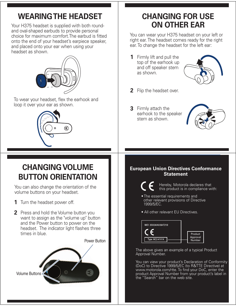 Wearing the headset, Changing for use on other ear, Changing volume button orientation | Motorola H375 User Manual | Page 4 / 5