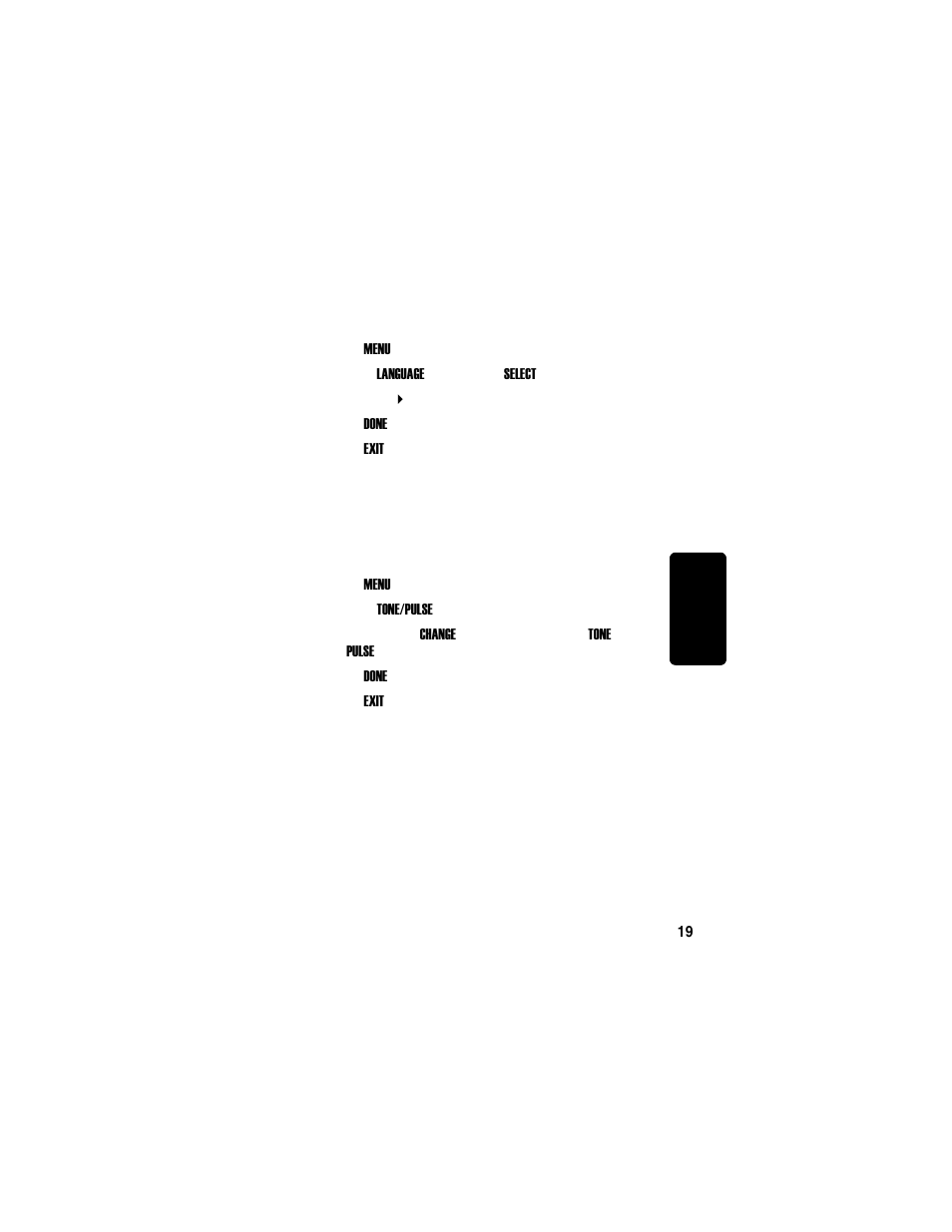 Setting the language, Setting touch tone or pulse dialing | Motorola MD751 User Manual | Page 37 / 64