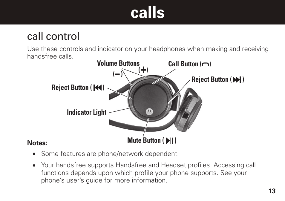 Calls, Call control | Motorola S305 User Manual | Page 14 / 82