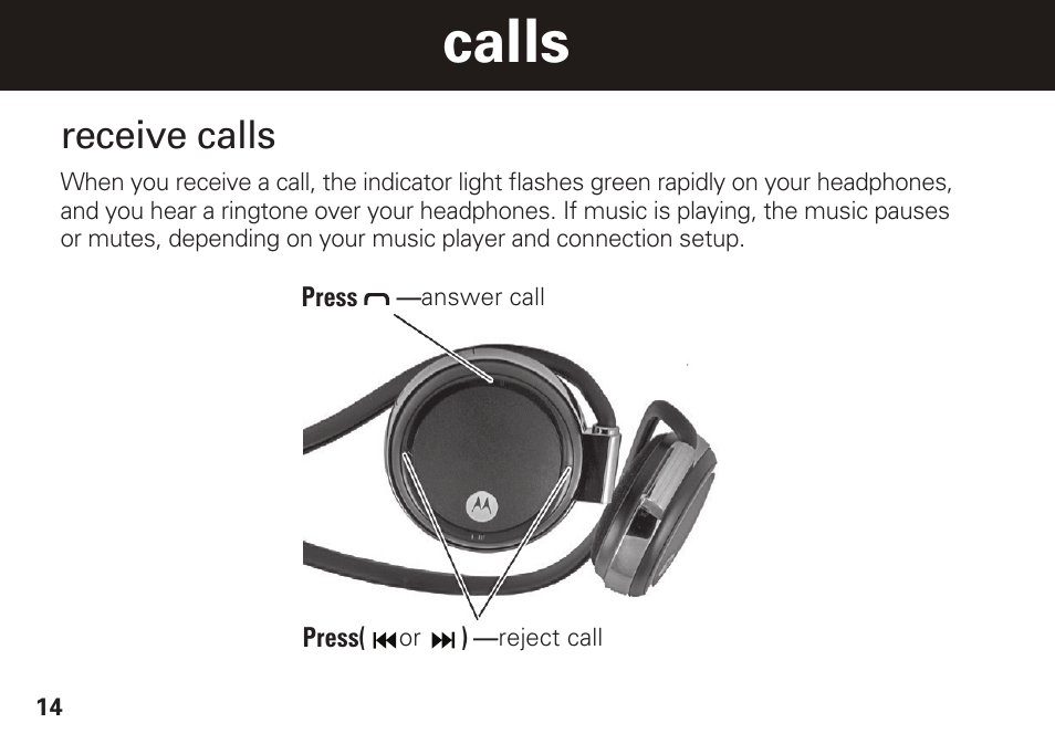 Calls, Receive calls | Motorola S305 User Manual | Page 15 / 82