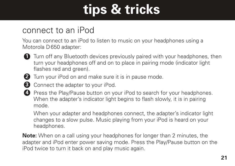 Tips & tricks, Connect to an ipod | Motorola S305 User Manual | Page 22 / 82